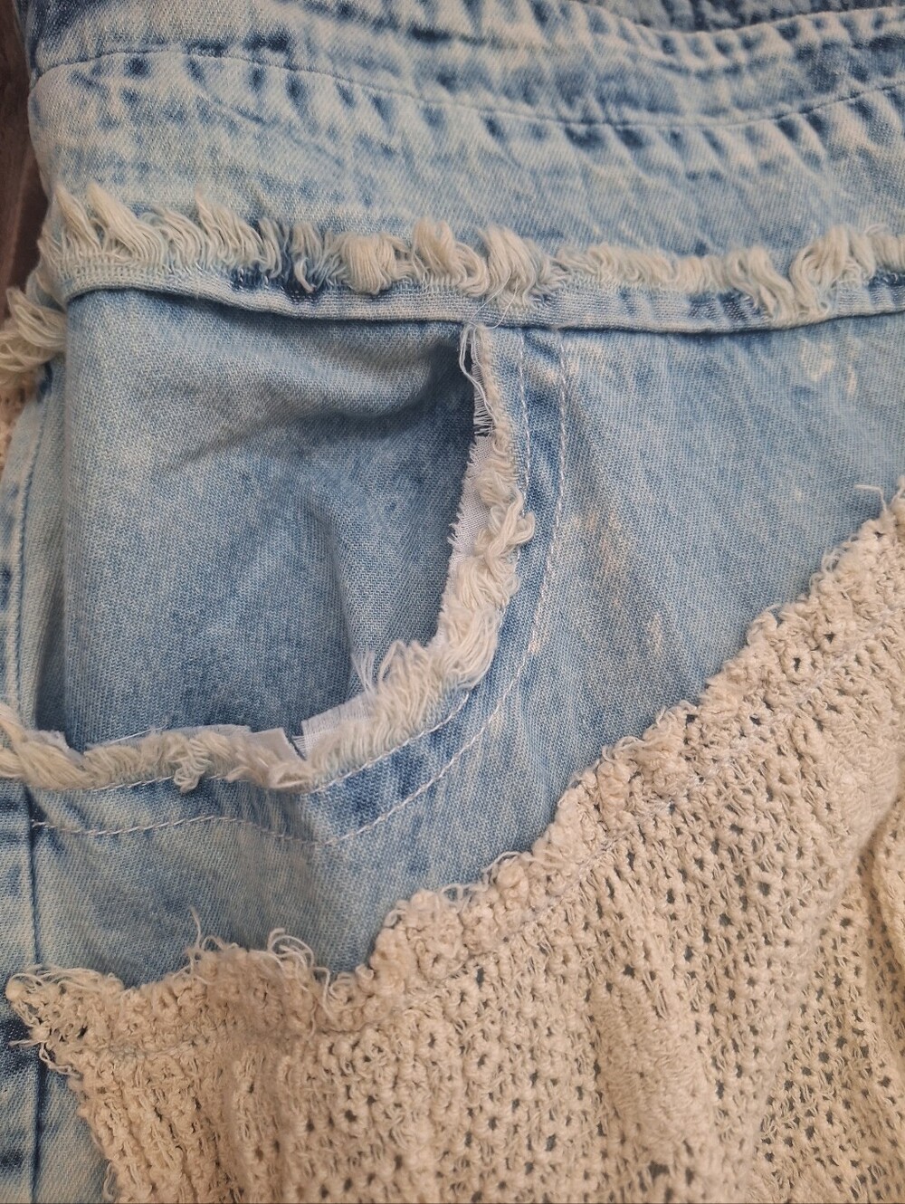 A Rare Bird Boho Chic Frayed Denim & Crochet Lace Layered Skirt Pants XL - Picture 8 of 11